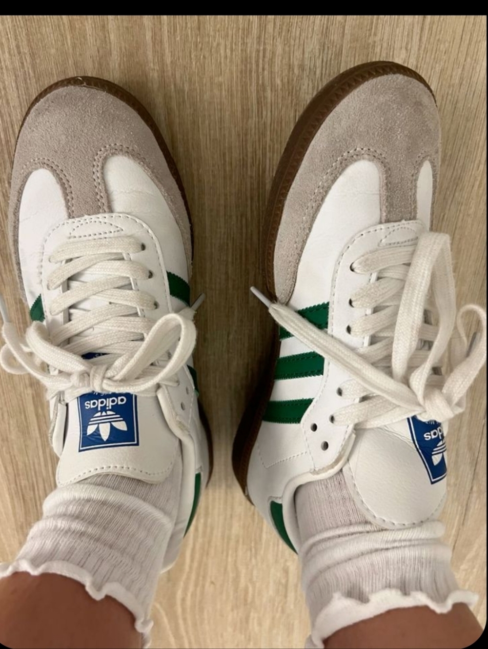 adidas Samba White Leather Sneakers with Green Stripes and Tan Suede Accents